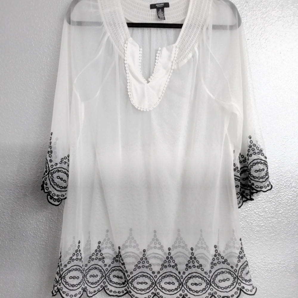 Alfani Sheer White Blouse/Tunic With Black Embroidery Size 1X
